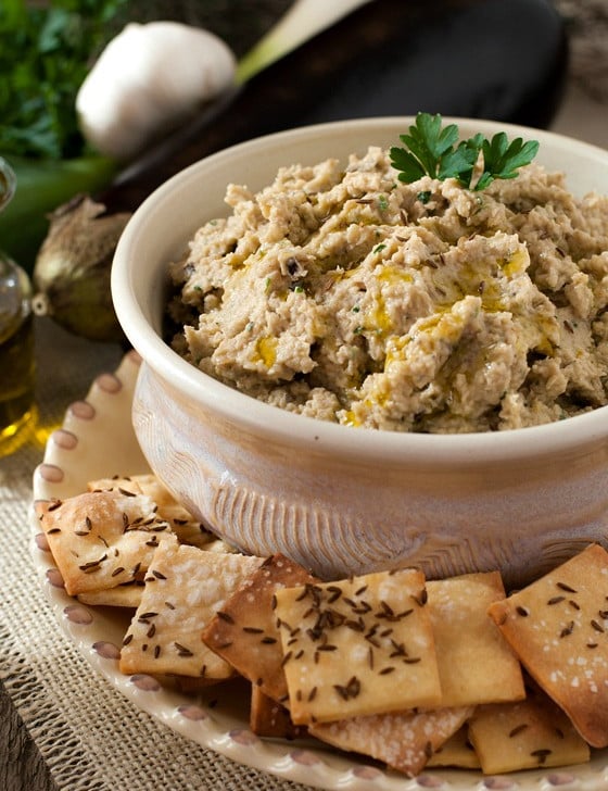 Roasted Eggplant and White Bean Dip with Caraway Crackers - A Family Feast