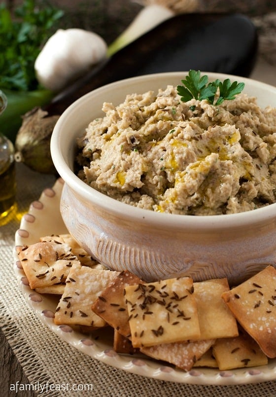 Roasted Eggplant and White Bean Dip with Caraway Crackers - A Family Feast