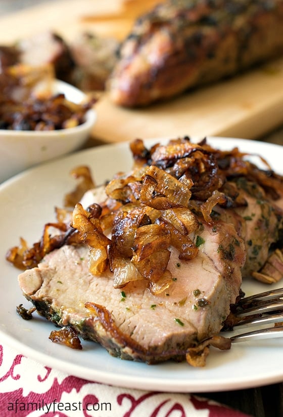 Herb Crusted Grilled Pork Tenderloin with Crispy Shallots