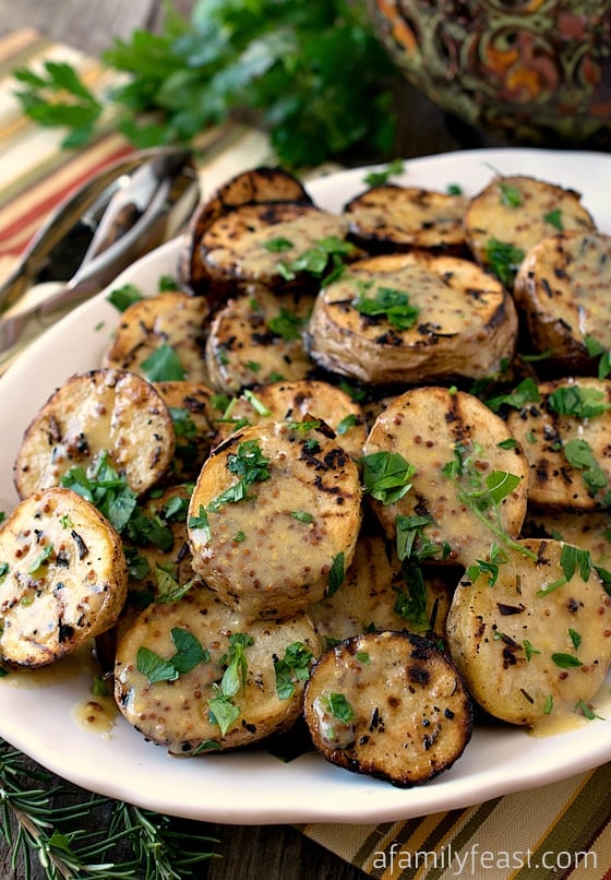 Grilled Yellow Potatoes with Mustard Sauce - Perfect for a summertime dinner, grilled potatoes are super delicious with a fantastic mustard sauce!