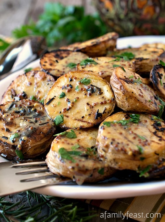 Grilled Yellow Potatoes with Mustard Sauce - Perfect for a summertime dinner, grilled potatoes are super delicious with a fantastic mustard sauce!