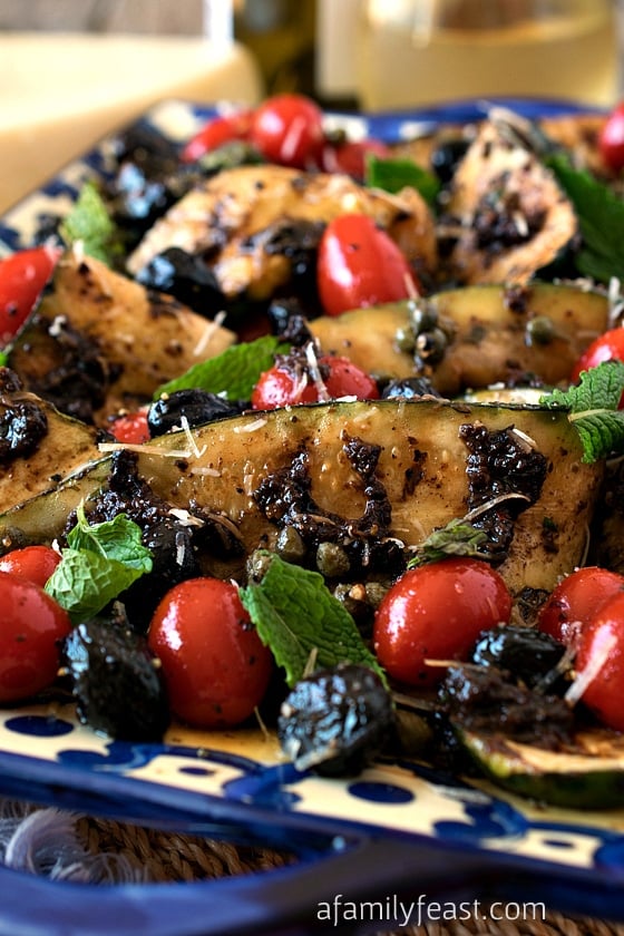 Grilled Zucchini Salad with fantastic Mediterranean-inspired flavors! This is the perfect summertime salad!