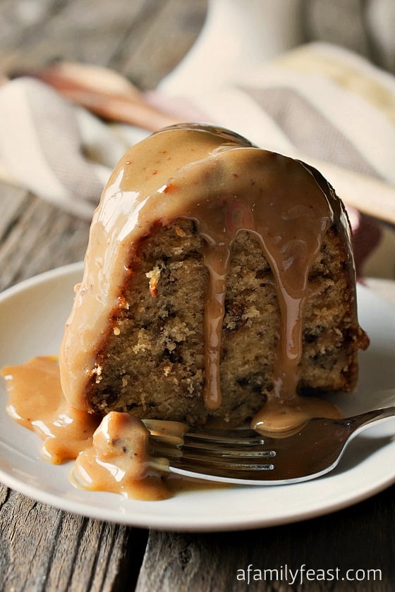 Toffee Pecan Bundt Cake with Caramel Drizzle - A Family Feast