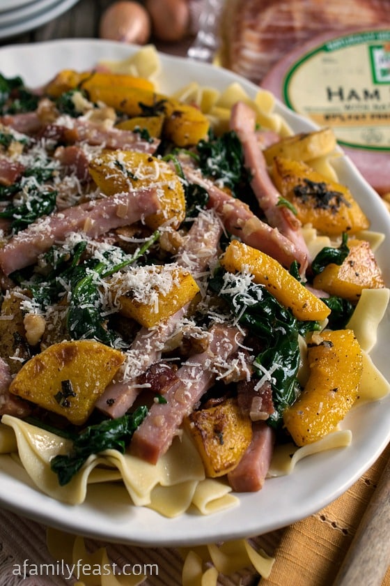 Smoked Ham with Butternut Squash over Noodles - A delicious, smoky complete meal-in-one! Your family will love this dish!