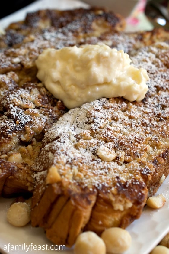 An amazing Hawaiian French Toast with a macadamia crust, topped with a pineapple mascarpone cheese topping! Wow - This is delicious!