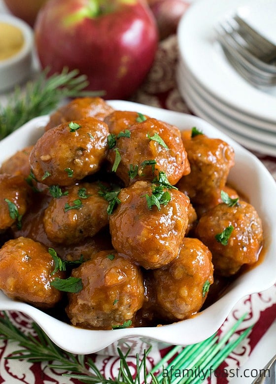 Turkey Cocktail Meatballs with Apple Mustard Glaze - A lighter, healthier and from-scratch alternative to the grape jelly meatballs that everyone serves!