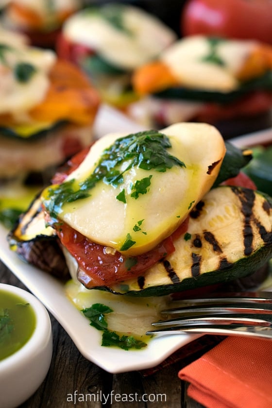 Grilled Vegetable Napoleons with Basil Oil - A delicious and impressive way to serve tender, fresh vegetables with a wonderful smoky flavor!