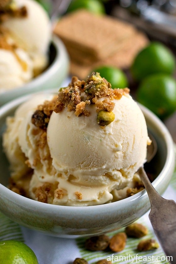 Key Lime Ice Cream with Graham Cracker Pistachio Crumb Topping - All the great flavors in a Key lime pie in ice cream form!