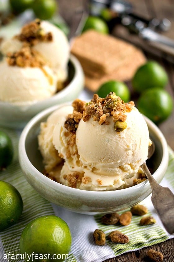 Key Lime Ice Cream with Graham Cracker Pistachio Crumb Topping - All the great flavors in a Key lime pie in ice cream form!