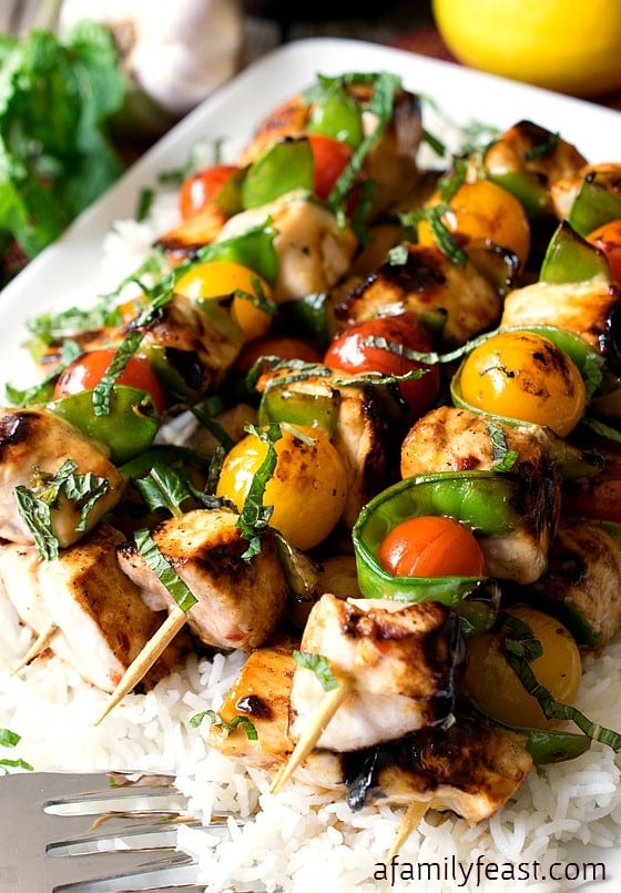 Lemon-Glazed Swordfish Skewers Over Rice - A Family Feast