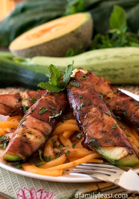 Prosciutto Wrapped Zucchini Over Melon Pasta - A simple, fresh and delicious summertime meal!