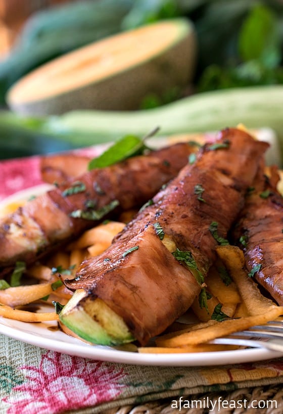 Prosciutto Wrapped Zucchini Over Melon Pasta - A Family Feast