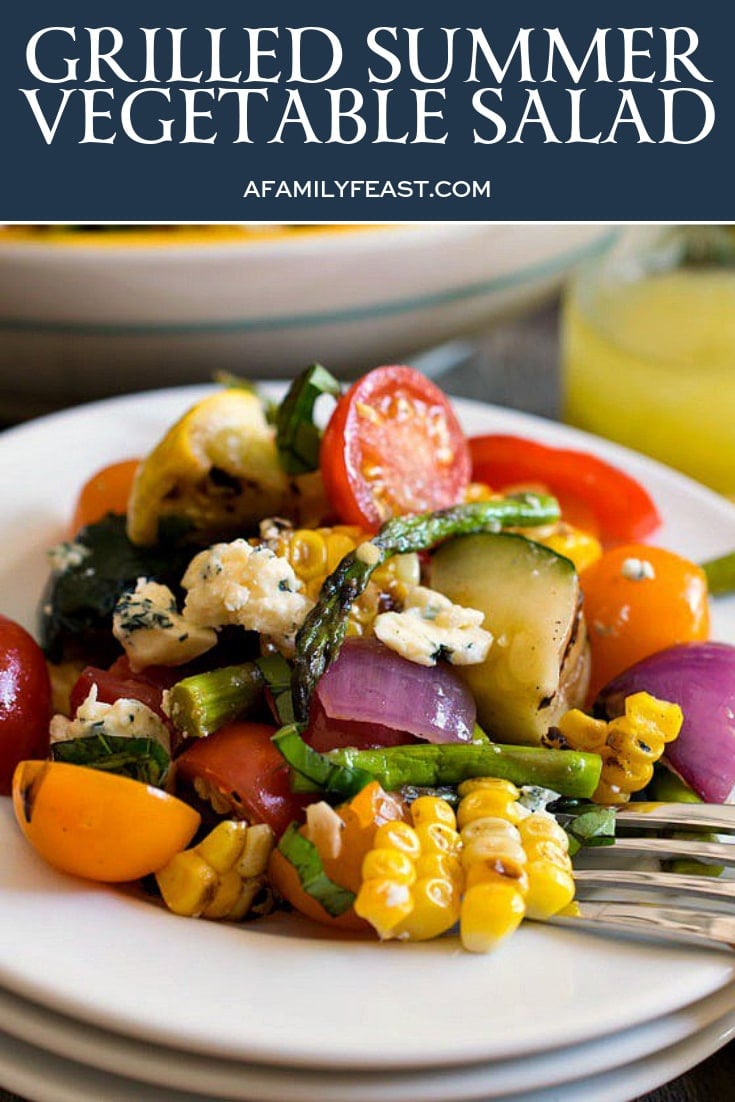 Grilled Summer Vegetable Salad uses herb-infused oils to grill summer vegetables, plus a terrific homemade dressing! This is summertime in a bowl! Grilled Summer Vegetable Salad