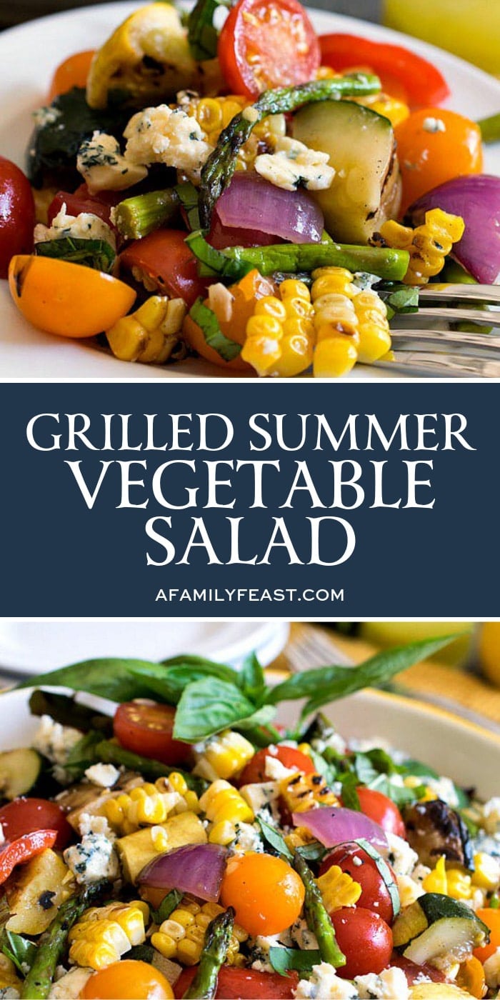 Grilled Summer Vegetable Salad uses herb-infused oils to grill summer vegetables, plus a terrific homemade dressing! This is summertime in a bowl! Grilled Summer Vegetable Salad