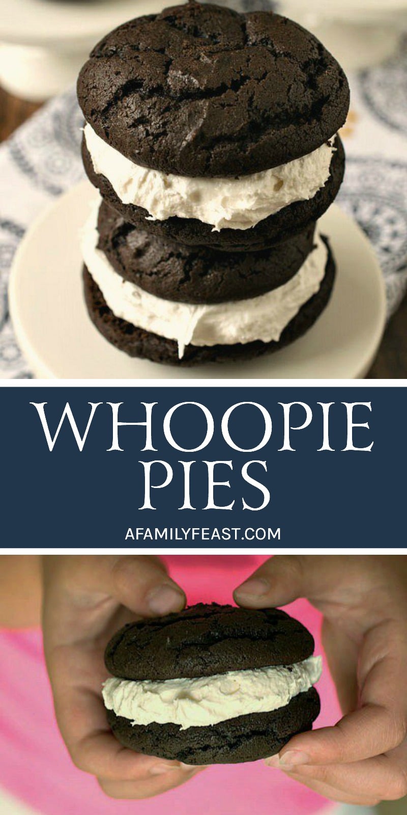 Whoopie Pies are a classic New England dessert. Fudgy chocolate cake sandwiching a creamy and sweet marshmallow filling. So good!