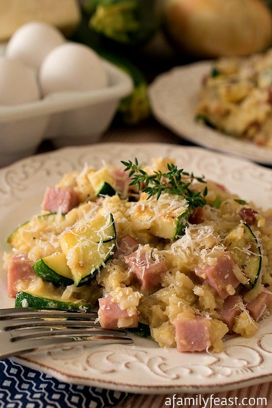 Zucchini, Ham and Rice Skillet - This delicious dish cooks up in minutes and makes a hearty breakfast or dinner!