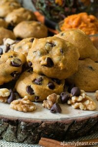 Soft Pumpkin Chocolate Chip Cookies - Lightly sweet pumpkin cookies full of chocolate chips and walnuts. So good!
