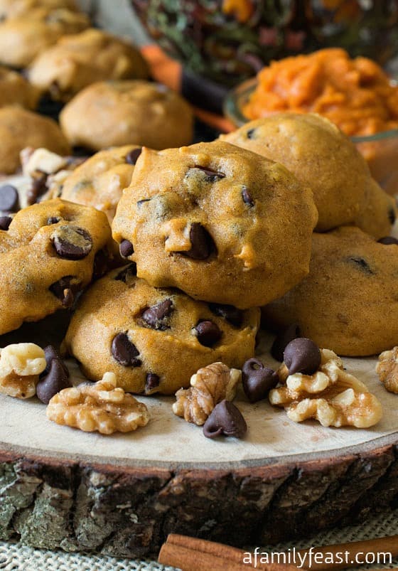 Soft Pumpkin Chocolate Chip Cookies - Lightly sweet pumpkin cookies full of chocolate chips and walnuts. So good!