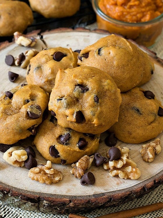 Soft Pumpkin Chocolate Chip Cookies - Lightly sweet pumpkin cookies full of chocolate chips and walnuts. So good!