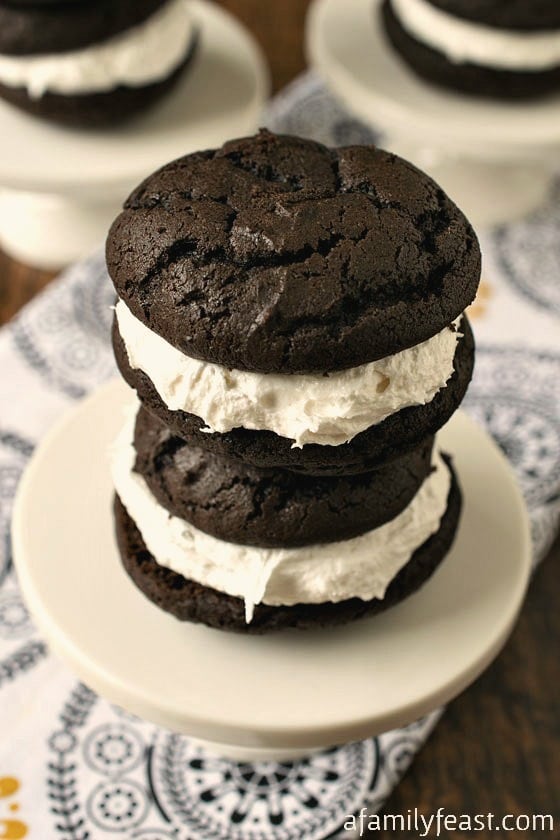 Seriously - the BEST Whoopie Pie recipe around! Perfectly sweet with a rich chocolate cake and a creamy marshmallow filling.