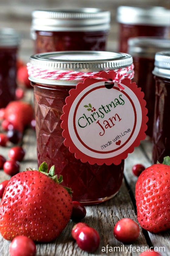 This Christmas Jam is a simple sweet-tart jam made from strawberries and cranberries. Recipe includes a FREE label printable for gift giving!