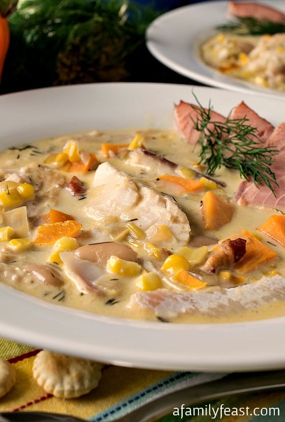 Smoked Fish Chowder - The ultimate comfort food! Smoked Fish Chowder with pancetta, leeks, beans and creamed corn. Amazing!