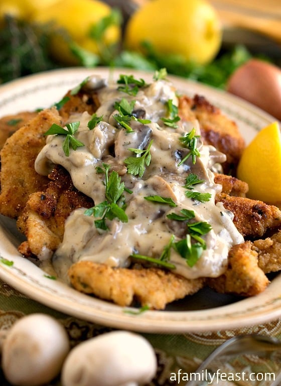 Chicken Escalope with Mushroom Sauce - A simple, elegant meal using the French technique of thinning the chicken with a mallet before cooking.