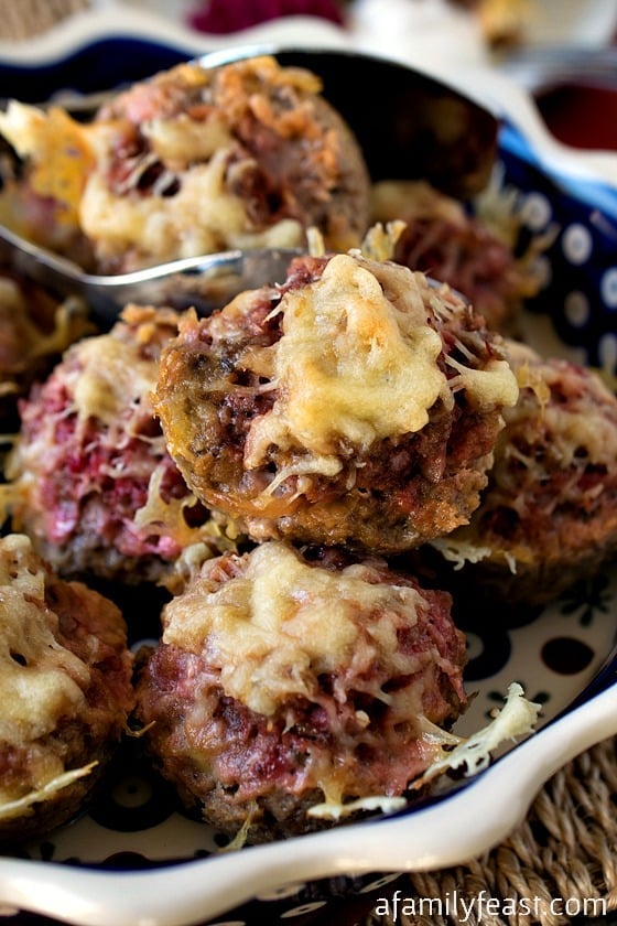 Moscows are a uniquely delicious Eastern European-inspired meatball made with ground beef, rye bread crumbs, beet horseradish, Swiss cheese and sour cream. These are fantastic!