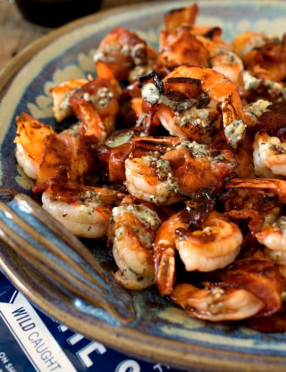 Bacon-Wrapped Gulf Shrimp with Blue Cheese Butter and Port Reduction - A Family Feast
