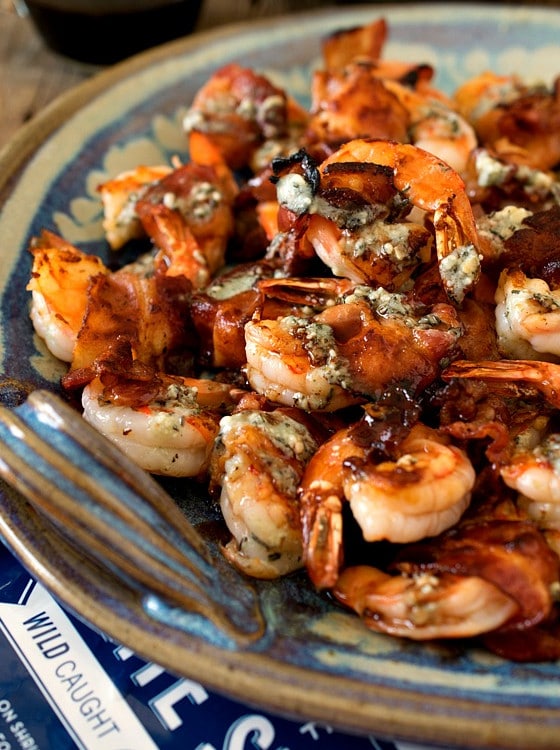 Bacon-Wrapped Gulf Shrimp with Blue Cheese Butter and Port Reduction - A Family Feast