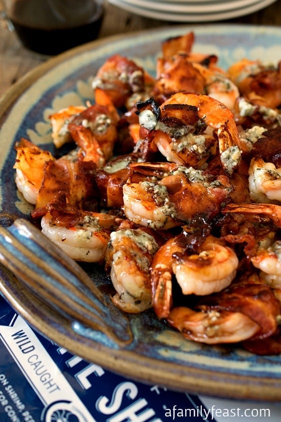 Bacon-Wrapped Gulf Shrimp with Blue Cheese Butter and Port Reduction - A Family Feast