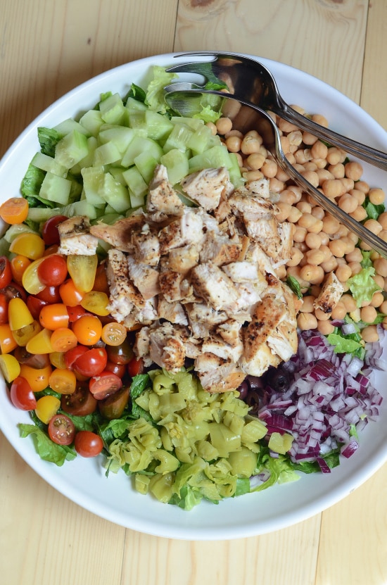 This Mediterranean Chicken Chopped Salad from Valerie's Kitchen is just one of over 20 delicious chicken salad recipes on A Family Feast