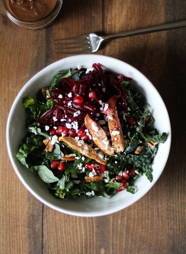 This Chili Chicken Kale Salad from The Roasted Root is just one of over 20 delicious chicken salad recipes on A Family Feast