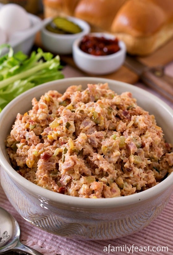 Ham Salad - A classic recipe using up leftover holiday ham. Our version uses a mix of dill pickles and sweet pepper relish for a fantastic flavor!