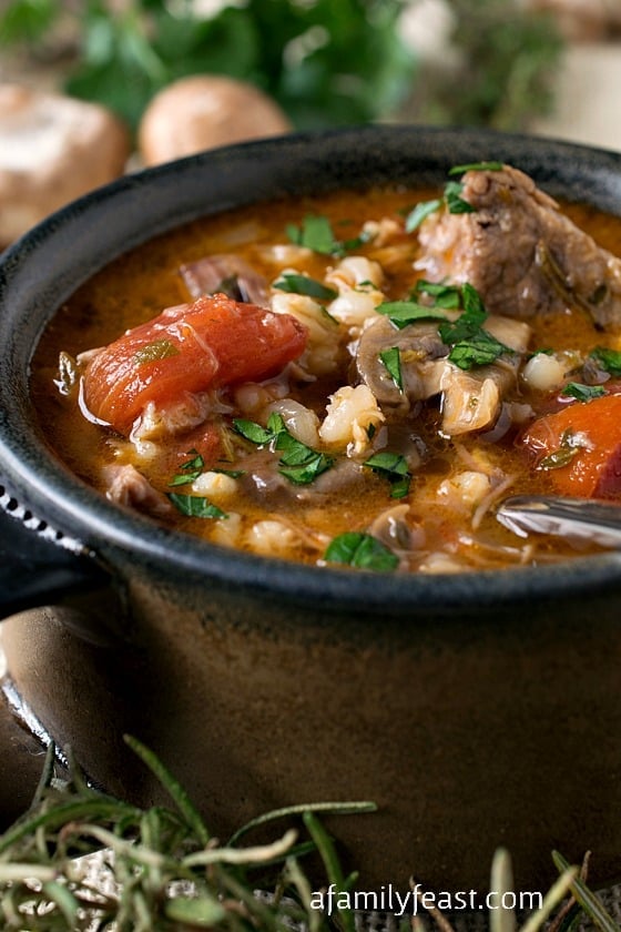 Lamb, Tomato and Barley Soup - A hearty, rich and delicious soup with tender chunks of lamb, barley, sliced mushrooms and diced tomatoes. Incredible!