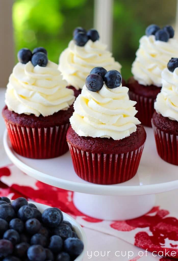 Red Velvet 4th of July Cupcakes - One of over 25 patriotic holiday recipes to help you celebrate Memorial Day, 4th of July, Flag Day, or any day!