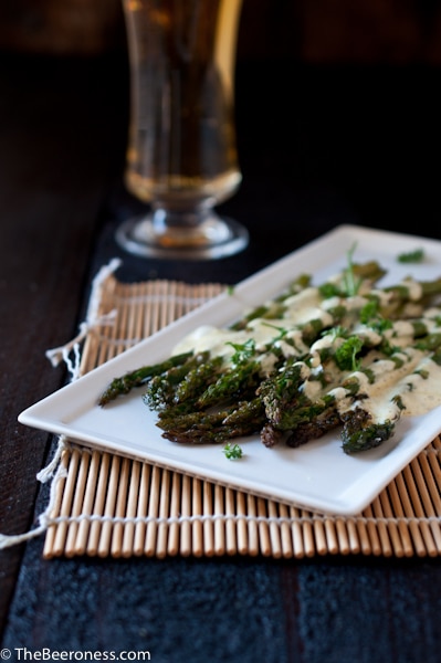 Roasted Asparagus with Beer Bearnaise - One of over 30 Amazing Asparagus Recipes to give you cooking inspiration this Spring! See the collection on A Family Feast