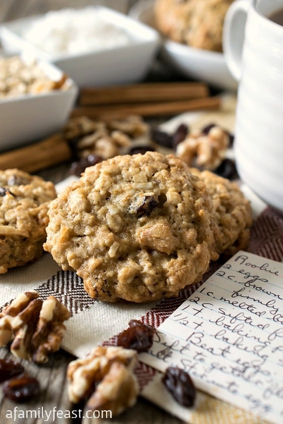 Rookie Cookies - A classic World War II recipe that is simple and delicious.  Oatmeal raisin cookies with walnuts and coconut added to the mix.  So good!