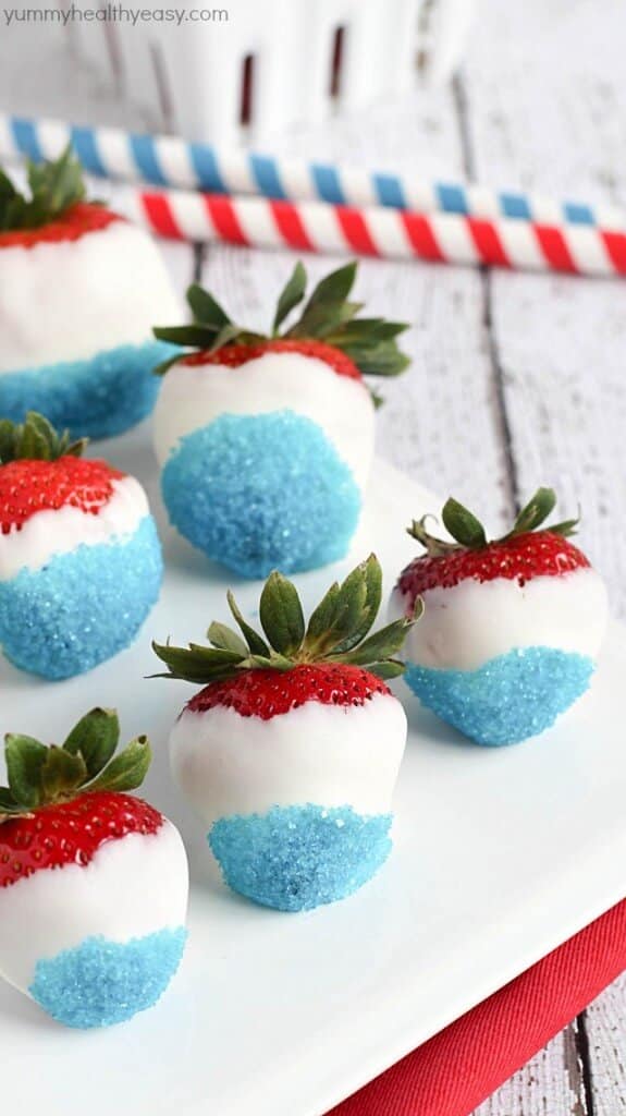 Patriotic White Chocolate Strawberries - One of over 25 patriotic holiday recipes to help you celebrate Memorial Day, 4th of July, Flag Day, or any day!