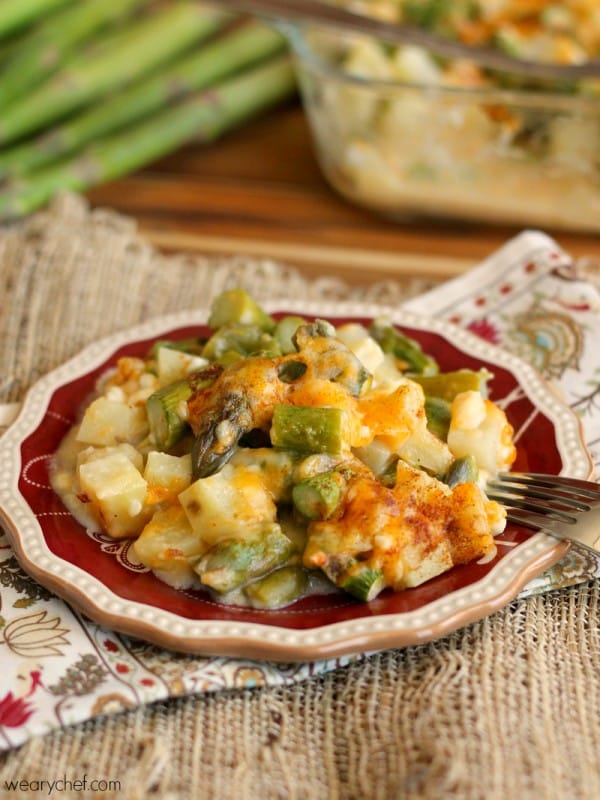 Cheesy Asparagus and Potato Casserole - One of over 30 Amazing Asparagus Recipes to give you cooking inspiration this Spring! See the collection on A Family Feast