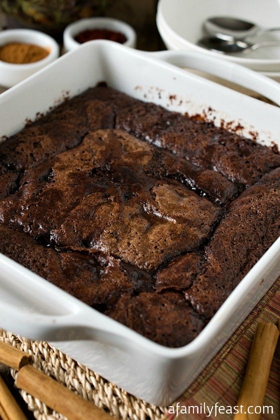 Mexican Hot Fudge Pudding Cake - A spiced up version of the classic Hot Fudge Pudding Cake. Cinnamon and Mexican Chili Powder give this rich chocolate dessert some added spiciness and a gentle heat that is perfect wit the chocolate!