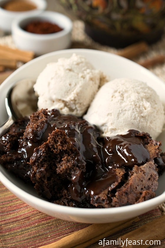 Mexican Hot Fudge Pudding Cake - A spiced up version of the classic Hot Fudge Pudding Cake. Cinnamon and Mexican Chili Powder give this rich chocolate dessert some added spiciness and a gentle heat that is perfect wit the chocolate!