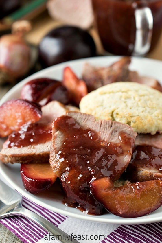 Pork Tenderloin with Strawberry-Plum Sauce and Herbed Biscuits - A delicious and fancy dinner that is actually very easy to make!