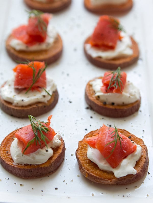 Smoked Salmon on Sweet Potatoes - One of over 30 beautiful brunch recipes for Mother's Day, or any special occasion! The collection includes main dishes, appetizers, drinks, and desserts. | A Family Feast