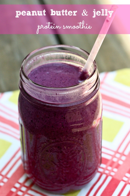 Peanut Butter and Jelly Protein Smoothie - One of over 20 delicious peanut butter and jelly recipes for Peanut Butter Jelly Time on A Family Feast