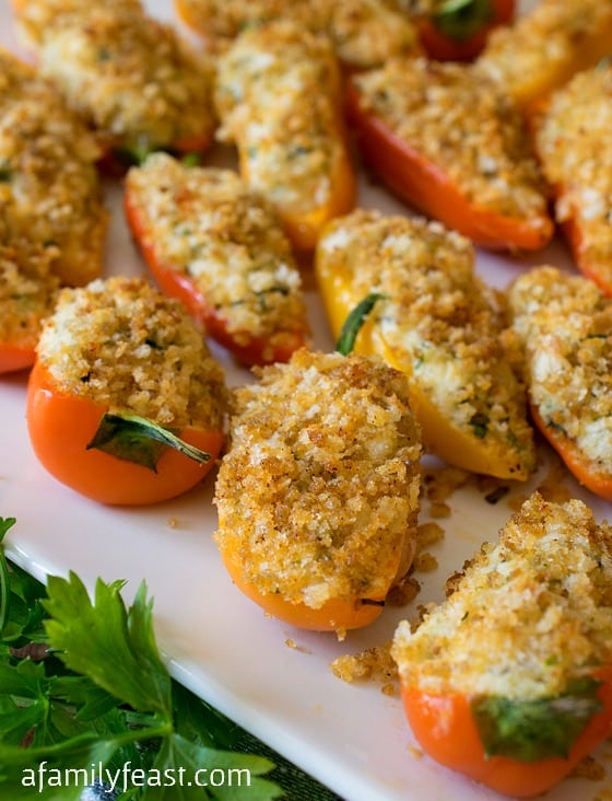 Mini Stuffed Sweet Peppers - Stuffed with a savory filling of herbed cream cheese and goat cheese plus a like crispy panko topping. So good!