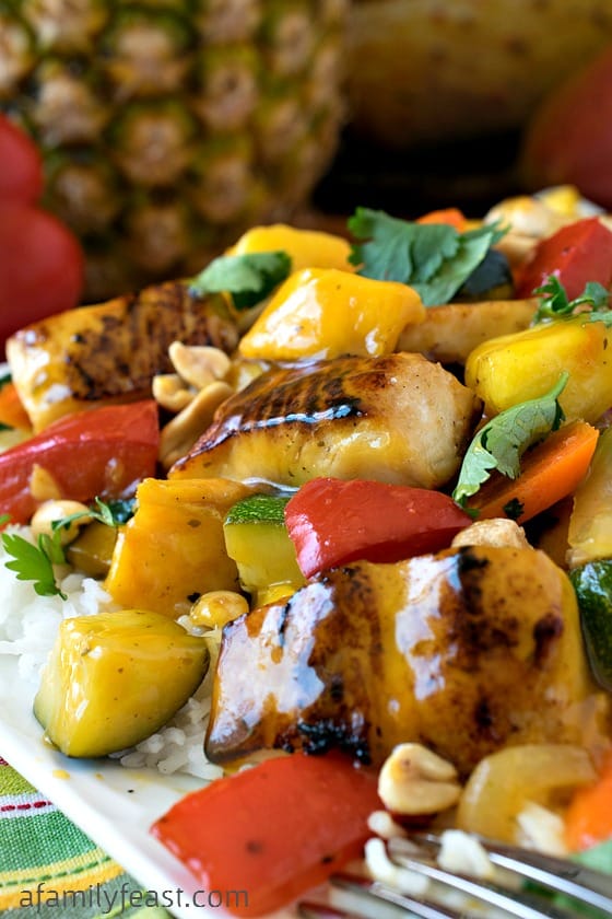 Pineapple Mango Mahi Mahi and Vegetables Over Rice - A Family Feast