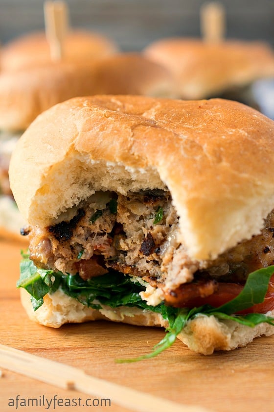 Stuffed Veal Sliders - Seriously - these are some of the best burgers you'll ever eat! Super flavorful, tender and moist veal burgers stuffed with cheese and sun dried tomatoes.