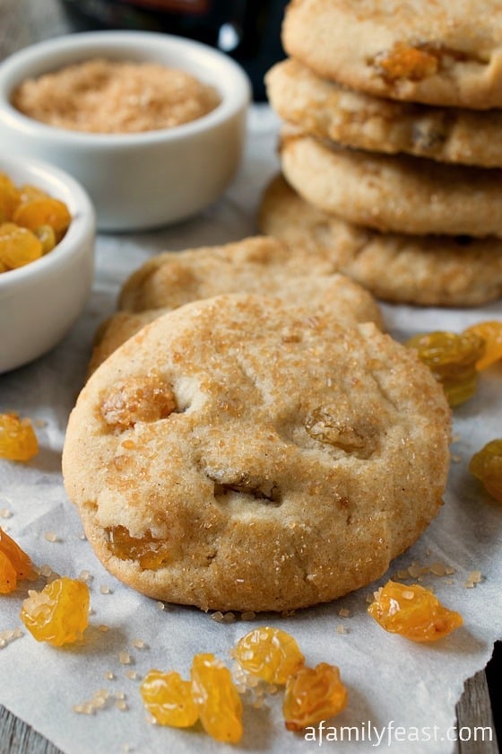 Nanny's Rum Raisin Sugar Cookies - A delicious twist on the classic sugar cookie.  Chewy in the middle and crunchy on top and loaded with golden raisins.