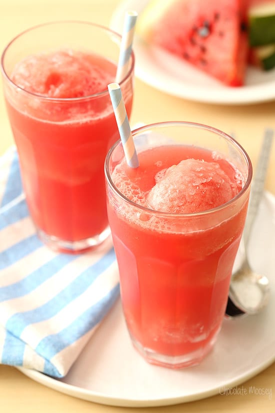 Watermelon Sorbet Floats - One of over 25 melon recipes in a collection on afamilyfeast.com
